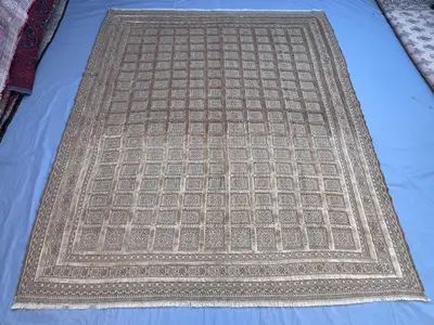 Vintage Afghan Kilim Rug, Handwoven, Geometric Pattern, Soft Beige & Brown, Cozy Home Decor, 7'3" x 8'7" (221 
