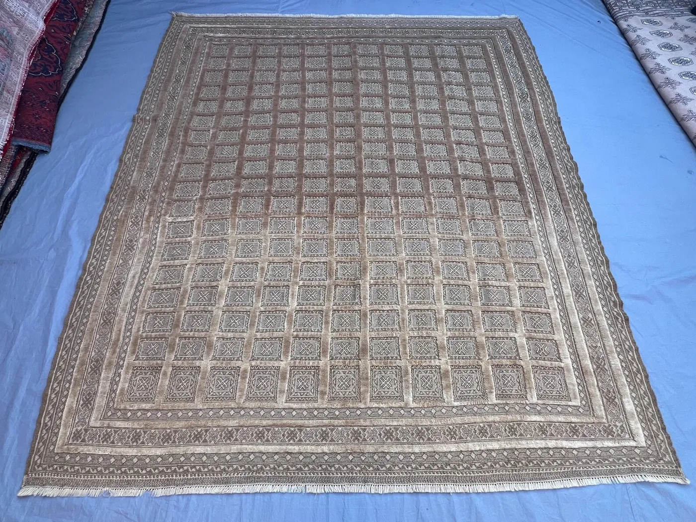Vintage Afghan Kilim Rug, Handwoven, Geometric Pattern, Soft Beige & Brown, Cozy Home Decor, 7'3" x 8'7" (221 x 261 cm), Wool Flatweave
