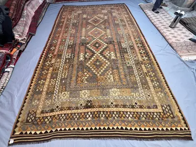 Antique Afghan Kilim Rug, Handwoven Geometric Design, Multi-Color, Large Area Rug, 8'1" x 13' (246 x 396 cm), 
