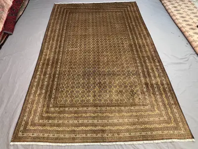 Antique Afghan Rug, Handwoven, Traditional Design, Brown & Gold, 6'6" x 9'6" (198 x 292 cm), Wool Area Rug, Vi