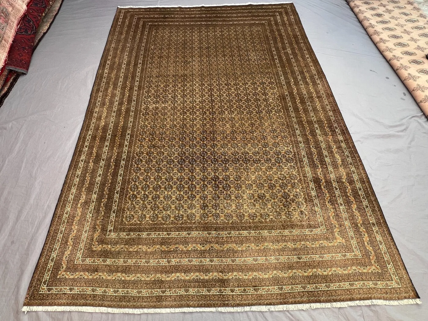 Antique Afghan Rug, Handwoven, Traditional Design, Brown & Gold, 6'6" x 9'6" (198 x 292 cm), Wool Area Rug, Vintage Home Decor Living Room
