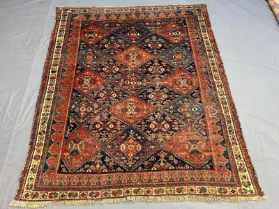 Vintage Afghan Baluchi Rug, Handwoven, Geometric Pattern, Red & Navy Blue, 4'10" x 5'8" (147 x 173 cm), Wool A