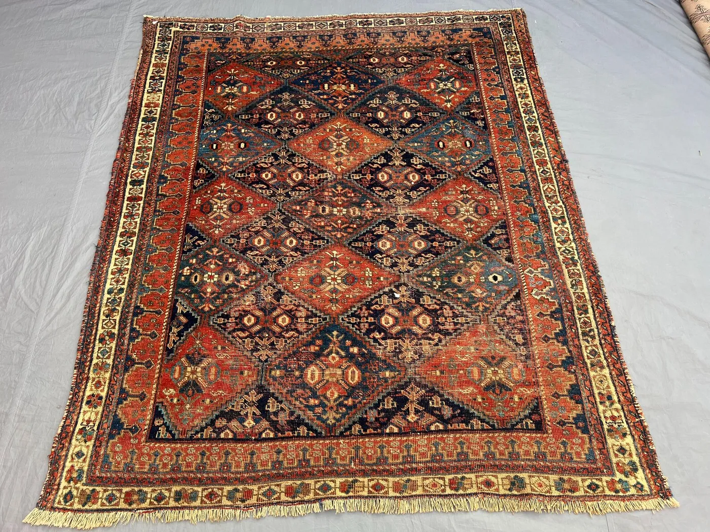 Vintage Afghan Baluchi Rug, Handwoven, Geometric Pattern, Red & Navy Blue, 4'10" x 5'8" (147 x 173 cm), Wool Area Rug, Tribal Decor