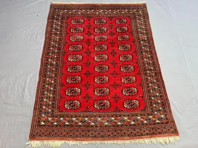 Vintage Afghan Baluchi Rug, Handwoven, Red & Black Geometric Design, 4' x 5'3" (122 x 160 cm), Wool Area Rug, 
