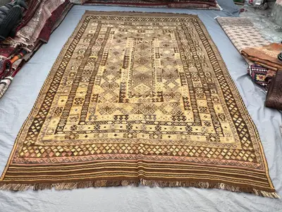 Antique Afghan Kilim Rug, Handwoven, Geometric Design, Earth Tones, 8'10" x 13'3" (269 x 404 cm), Wool Flatwea