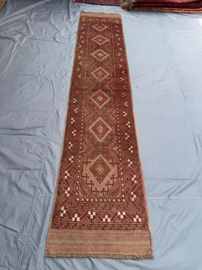 Terracotta Vintage Afghan Mishwani Runner Rug 2.4 x 11.10 ft Handwoven Wool Geometric Design Soft Pile Area Ru
