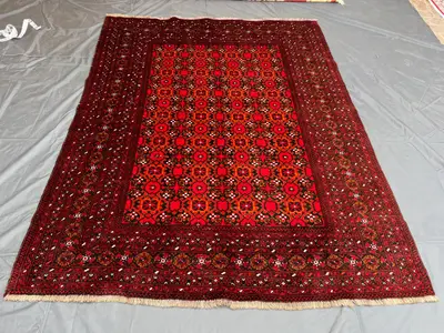 Rich Red "7x9" ft Hand-Knotted Bukhara Turkoman Rug Traditional Geometric Wool Carpet Tribal Large Area Vintag