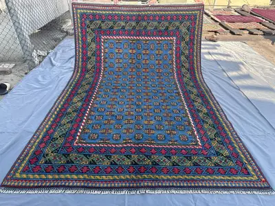 7x10 Blue Vintage Style Afghan Turkoman Bukhara Rug, Hand Knotted Wool Carpet, Geometric Tribal Modern Area Ru
