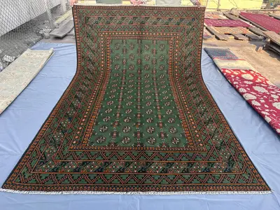 7x10 Green Modern Afghan Rug, Hand Knotted Turkmen Bukhara Rug, Wool Mowri Carpet, Nomadic Geometric Oriental 