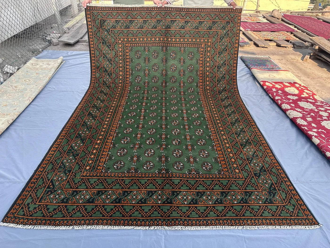 7x10 Green Modern Afghan Rug, Hand Knotted Turkmen Bukhara Rug, Wool Mowri Carpet, Nomadic Geometric Oriental Area Rug, Living Room Rug