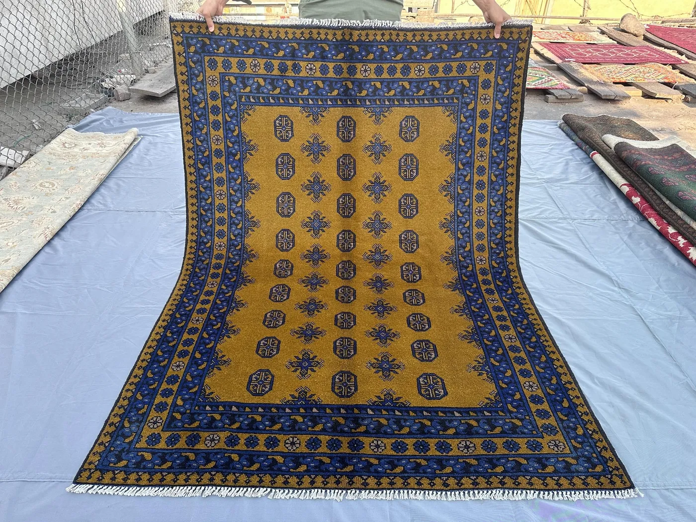 5x7 Gold Blue Afghan Turkmen Bukhara Rug, Hand Knotted Wool Carpet, Vintage Style Oriental Nomadic Area Rug Decor, Bedroom Rug, Floor Rug