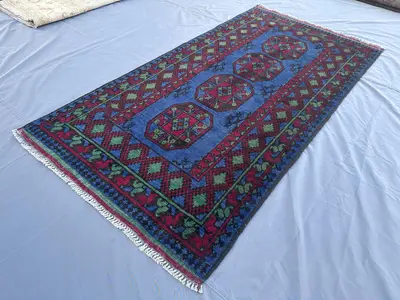 Blue Modern Afghan Turkoman Bokhara Rug, Hand-Knotted Wool Carpet, Vintage Style Geometric Rug, Tribal Soft Pi