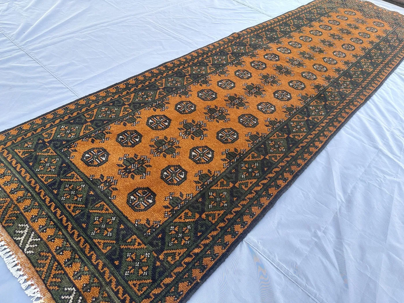 3x10 Mustard Modern Afghan Bokhara Runner Rug, Hand-Knotted Wool Carpet, Long Hallway Tribal Design Soft Pile Vintage Style Runner Rug Decor