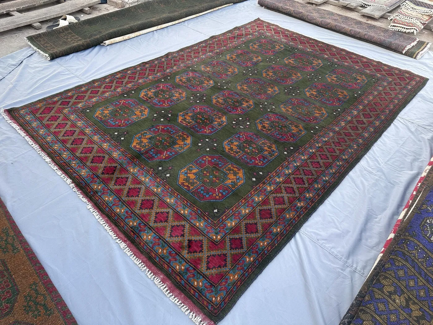 7x10 Green Modern Afghan Turkoman Bokhara Rug, Hand-Knotted Wool Carpet, Elephant Foot Design, Vintage Style Oriental Area Rug, Floor Decor