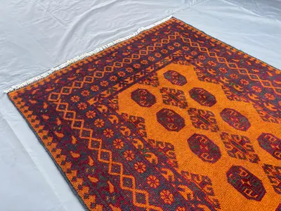 3'5" x 4'9" Afghan Hand-Knotted Vintage Soft Pile Turkoman Bokhara Design Rug, Rich Orange & Blue, Unique Trad