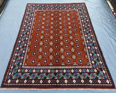 6 x 8 Afghan Hand-Knotted Vintage Soft Pile Rug Brown Faded Turkoman Bukhara Design High-Quality Wool Traditio