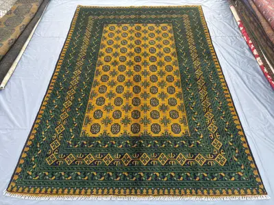 7 x 10 Afghan Hand-Knotted Vintage Soft Pile Rug Faded Green Turkoman Bukhara Design High-Quality Traditional 