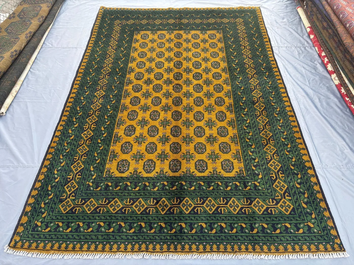 7 x 10 Afghan Hand-Knotted Vintage Soft Pile Rug Faded Green Turkoman Bukhara Design High-Quality Traditional Tribal Rug | living room decor