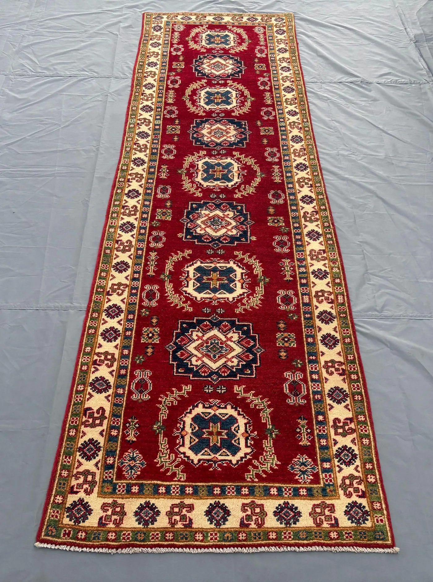 3 × 10 Afghan Hand-Knotted Modern Soft Wool Runner One-of-a-Kind Oushak Design Red Tribal Geometric Hallway Decor | Entryway & Bedroom decor