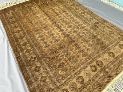 Afghan Bukhara Rug 9x6, Antique Hand-Knotted Wool Carpet, Tan Tribal Turkmen Design, Vintage Living Room Rug, 