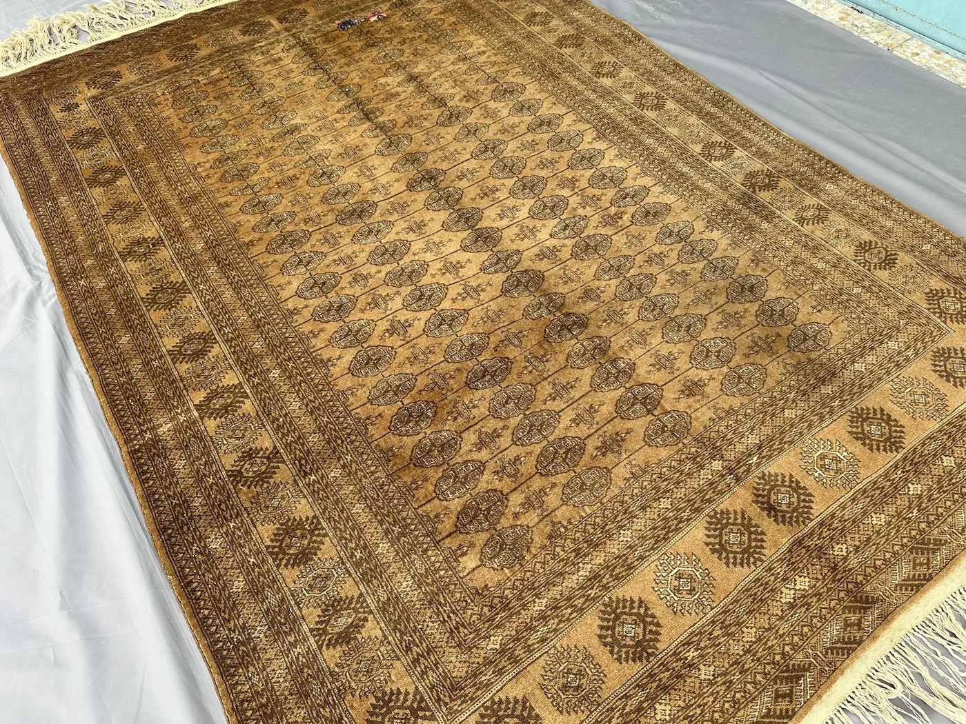 Afghan Bukhara Rug 9x6, Antique Hand-Knotted Wool Carpet, Tan Tribal Turkmen Design, Vintage Living Room Rug, Boho Area Rug