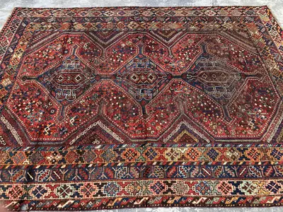 7x9 Persian-Style Khamseh Design Rug | Antique 1940s Afghan Hand Knotted Wool | Triple Medallion Shiraz Tribal