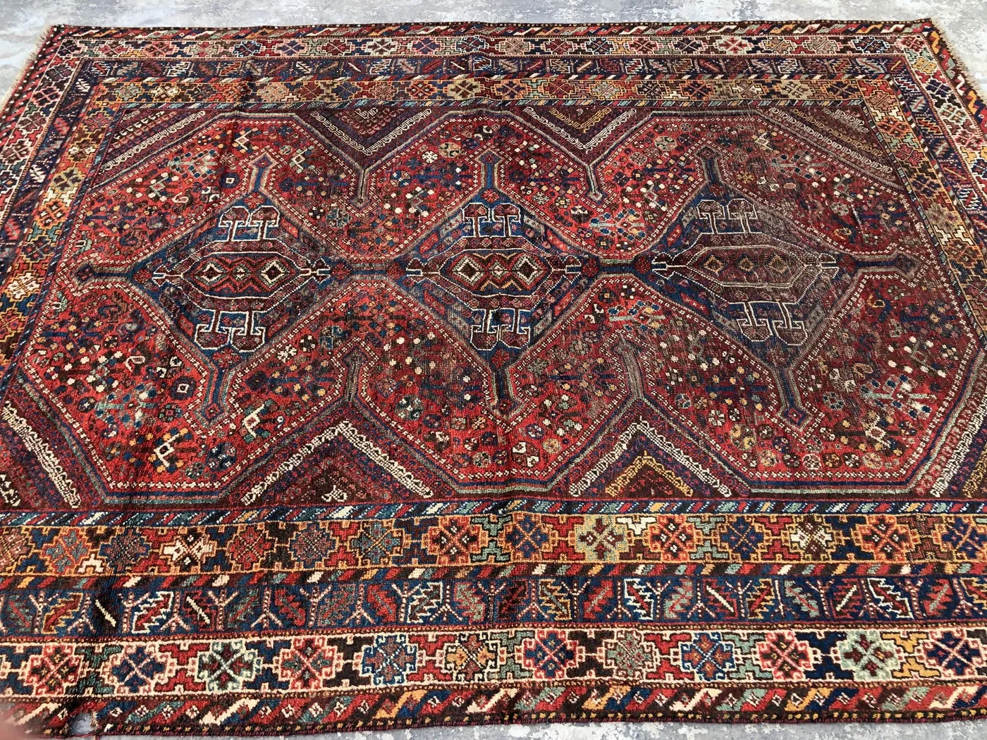 7x9 Persian-Style Khamseh Design Rug | Antique 1940s Afghan Hand Knotted Wool | Triple Medallion Shiraz Tribal Carpet