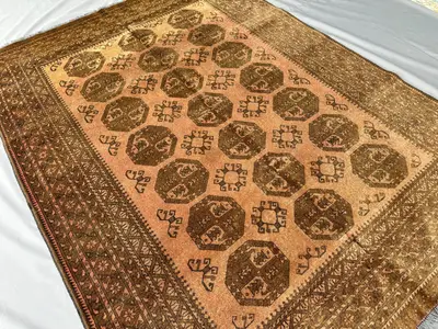 1970s Antique Afghan Bukhara Rug 9x7 Hand-Knotted Wool Carpet, Brown Tribal Turkmen Design, Vintage Living Roo