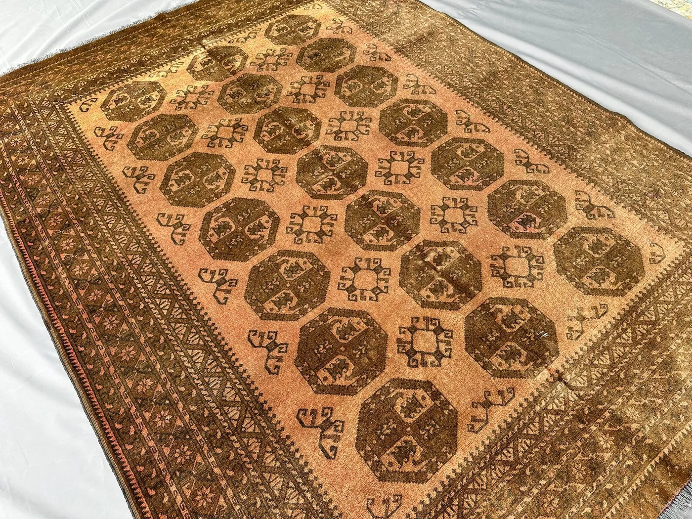 1970s Antique Afghan Bukhara Rug 9x7 Hand-Knotted Wool Carpet, Brown Tribal Turkmen Design, Vintage Living Room Rug, Boho Area Rug