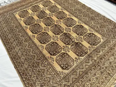 1970s Antique Ivory Bukhara Rug 9x7, Vintage Turkmen Tribal Wool Rug, Handmade Oriental Carpet Living Room Bed