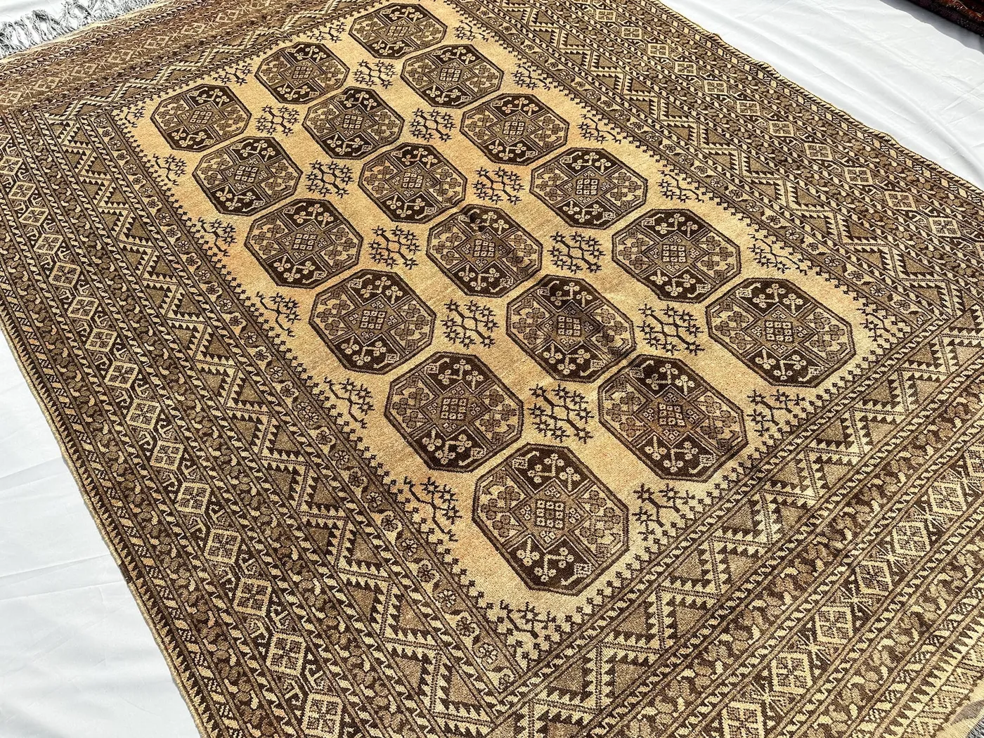 1970s Antique Ivory Bukhara Rug 9x7, Vintage Turkmen Tribal Wool Rug, Handmade Oriental Carpet Living Room Bedroom Rug Neutral Boho Area Rug