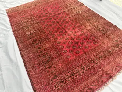 Red Bukhara Rug 9x7, Vintage Turkmen Tribal Wool Rug, Handmade Oriental Carpet, Living Room Bedroom Rug, Faded