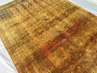 1970s Antique Afghan Terracotta  Rug 9x6, Hand-Knotted Wool Carpet, Gold Tribal Geometric Design with Rare Pin