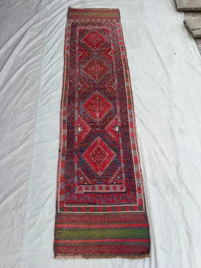 2x8 Afghan Baluch Runner Rug | Handwoven Mishwani Wool Carpet | Tribal Red Faded Design | Narrow Hallway Rug, 
