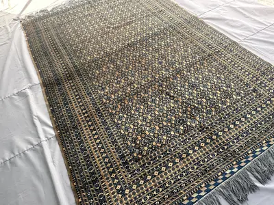 1970s Antique Afghan Rug 9x6, Hand-Knotted Wool Carpet, Navy & Gold Khotan Style Floral Lattice Design, Vintag