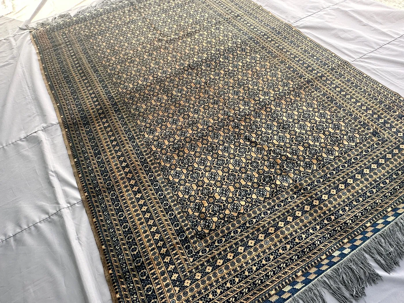 1970s Antique Afghan Rug 9x6, Hand-Knotted Wool Carpet, Navy & Gold Khotan Style Floral Lattice Design, Vintage Living Room Rug