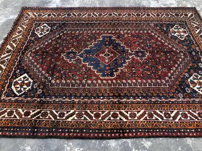 8x10 Persian-Style Shiraz Design Rug | Antique 1930s Hand Knotted Wool | Navy Diamond Medallion on Madder Red 