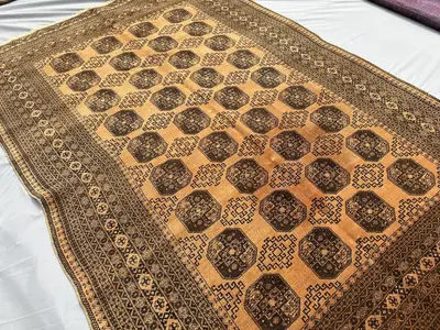 1970s Antique Terracotta Camel Bukhara Rug 9x6, Vintage Turkmen Tribal Wool Rug, Handmade Oriental Carpet, Liv
