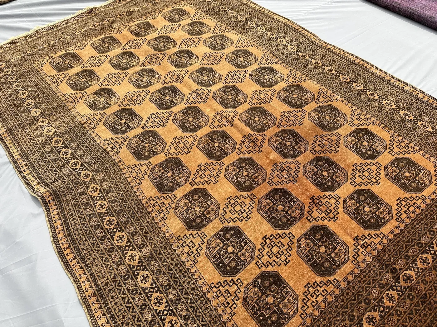 1970s Antique Terracotta Camel Bukhara Rug 9x6, Vintage Turkmen Tribal Wool Rug, Handmade Oriental Carpet, Living Room Bedroom Rug