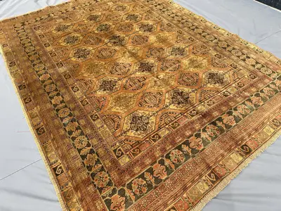 1970s Antique Gold Khal Mohammadi Rug 9x7 Vintage Turkmen Tribal Wool Rug, Handmade Oriental Carpet, Living Ro