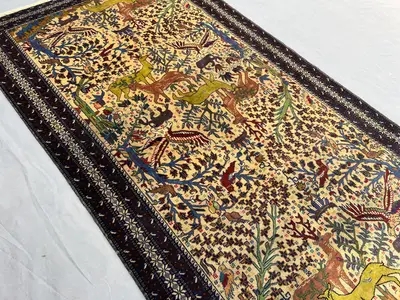 4'4 x 7'7 ft Beige Vintage Afghan Rug, Hand-Knotted Pictorial Baluchi Rug, Animal Hunting Wool Carpet, One of 