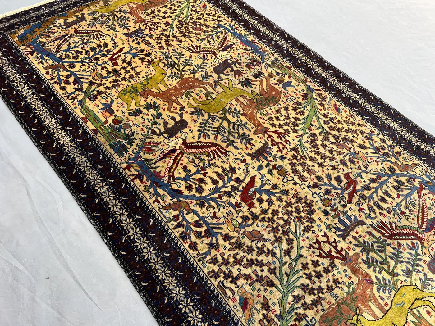4'4 x 7'7 ft Beige Vintage Afghan Rug, Hand-Knotted Pictorial Baluchi Rug, Animal Hunting Wool Carpet, One of a Kind Art Rug Farmhouse Decor