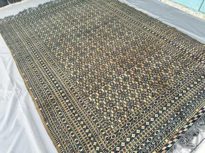 1970s Antique Afghan Khotan Rug 9x6, Hand-Knotted Wool Carpet, Navy & Gold Floral Octagon Lattice Design, Vint