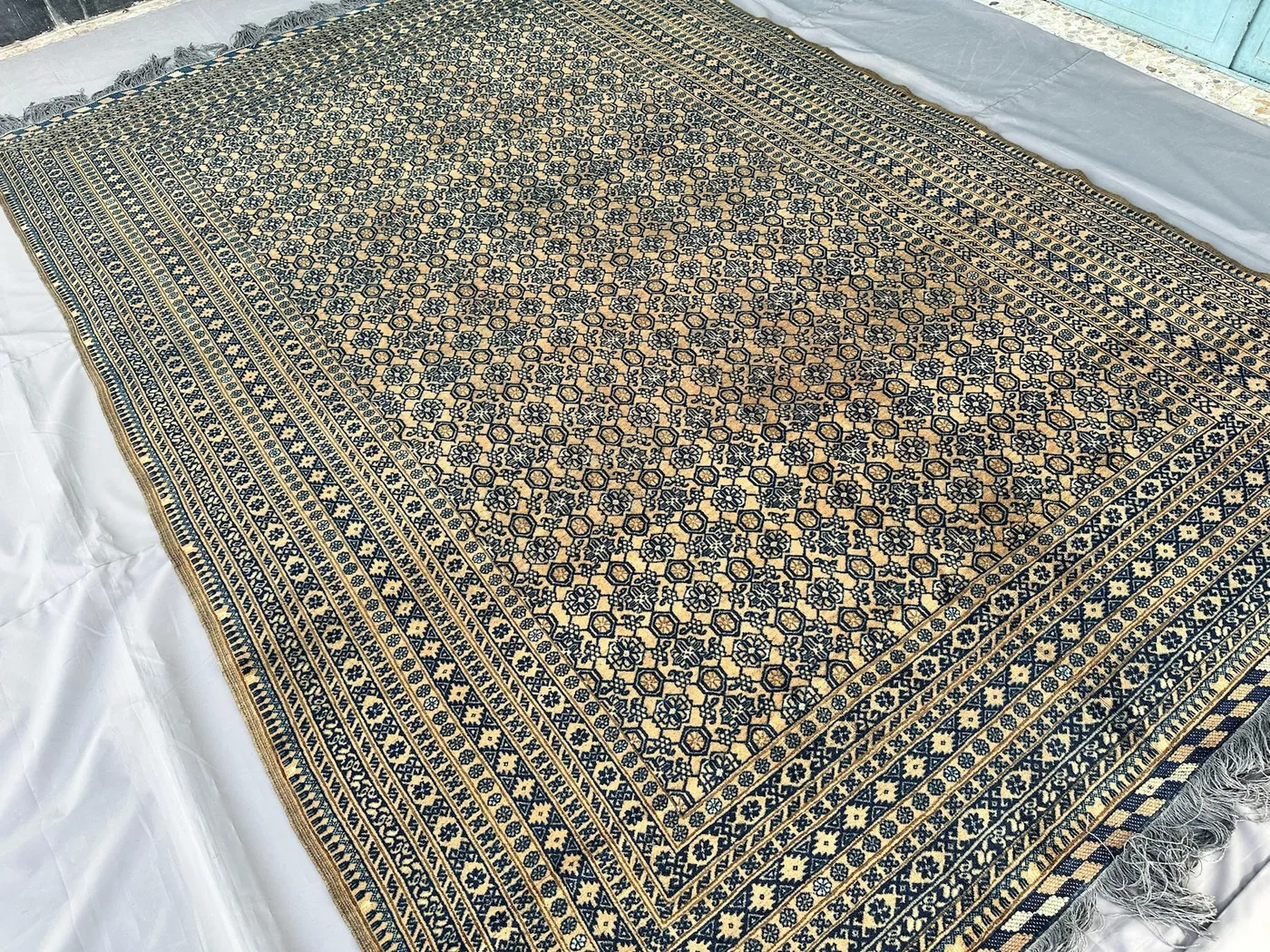 1970s Antique Afghan Khotan Rug 9x6, Hand-Knotted Wool Carpet, Navy & Gold Floral Octagon Lattice Design, Vintage Living Room Rug