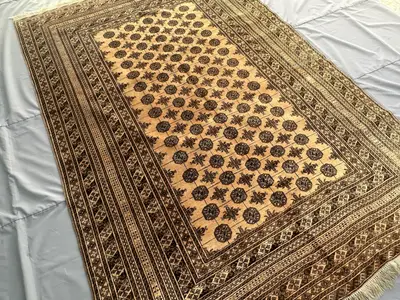 1970s Terracotta Ivory Bukhara Rug 9x6, Antique Hand-Knotted Wool Carpet, Brown Tribal Octagon Design, Wide Bo