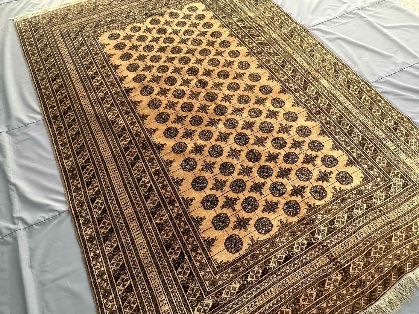 1970s Terracotta Ivory Bukhara Rug 9x6, Antique Hand-Knotted Wool Carpet, Brown Tribal Octagon Design, Wide Border Vintage Living Room Rug