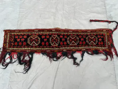 Antique Jalar Rug Wall Hanging 1'3x5'3 Ft | Tribal Afghan Textile | Terracotta Faded Wool | Boho Nomadic Decor