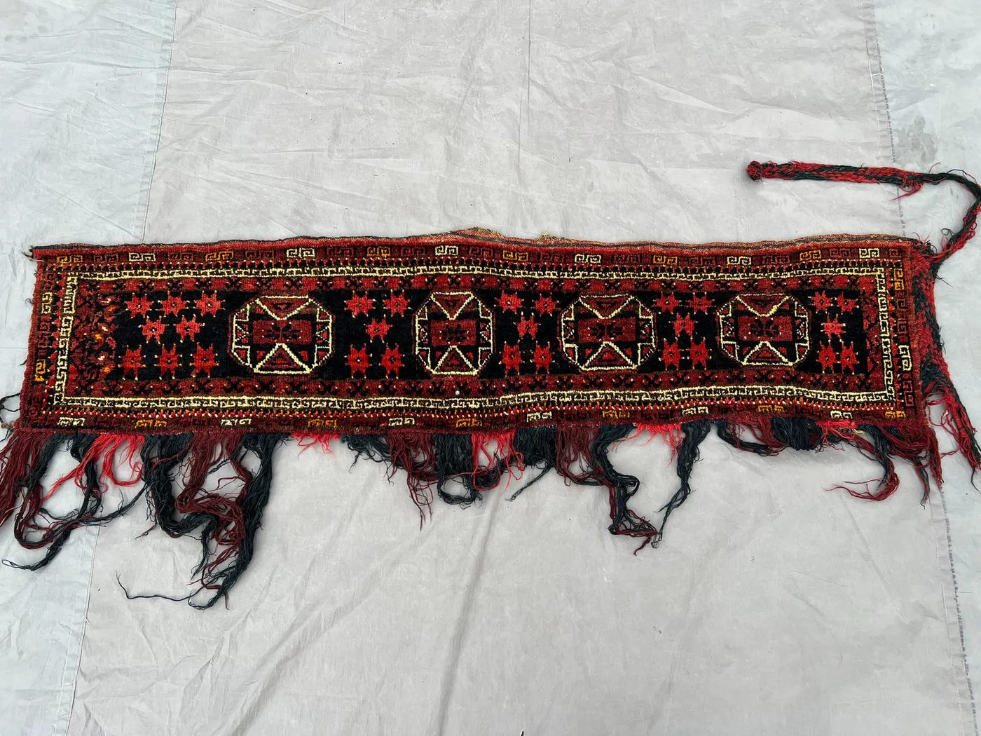 Antique Jalar Rug Wall Hanging 1'3x5'3 Ft | Tribal Afghan Textile | Terracotta Faded Wool | Boho Nomadic Decor | Vintage Tassel Art Rug