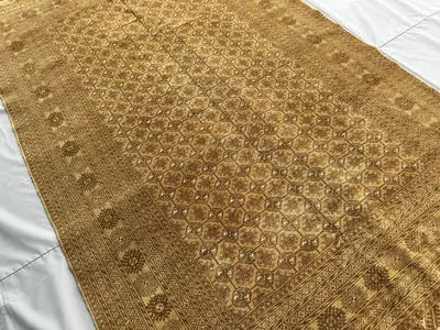 1970s Antique Afghan Mauri Rug 10x6, Antique Hand-Knotted Wool Carpet, Gold Tribal Turkmen Lattice Design, Vin