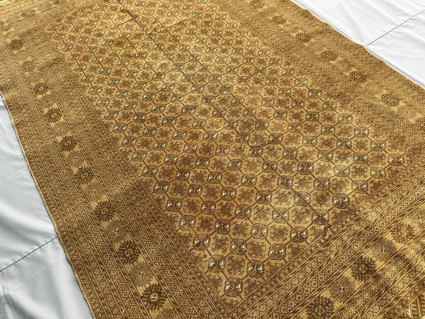 1970s Antique Afghan Mauri Rug 10x6, Antique Hand-Knotted Wool Carpet, Gold Tribal Turkmen Lattice Design, Vintage Living Room Rug,